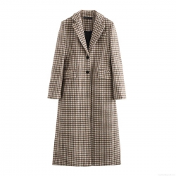 Women's Vintage Houndstooth Plaid Long Blazer Coat Lapel Single Breasted Overcoat For Autumn Winter Fashion Streetwear Casual Warm Woolen Outwear