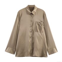 Women's Satin Long Sleeve Shirt Elegant Silk-like Lapel Blouse With Pocket Solid Color Button Down Office Commute Street Style Champagne Gold Tops