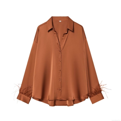 Women's Elegant Satin Long Sleeve Blouse With Feather Trim Cuffs Solid Color Button Down Shirt Collar Party Evening Fashion Casual Top