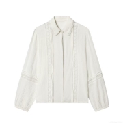Women Sweet Lace Embroidery Long Sleeve Blouse Loose Turn-down Collar Solid White Polyester Spandex Shirt Casual Chic Tops For Daily Dating Women