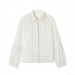 Women Sweet Lace Embroidery Long Sleeve Blouse Loose Turn-down Collar Solid White Polyester Spandex Shirt Casual Chic Tops For Daily Dating Women