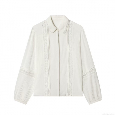 Women Sweet Lace Embroidery Long Sleeve Blouse Loose Turn-down Collar Solid White Polyester Spandex Shirt Casual Chic Tops For Daily Dating Women
