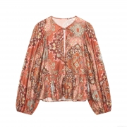 Women Bohemian Paisley Print Long Sleeve Blouse Top With Tie Neck Ruffle Hem Loose Fit Polyester Casual Tunic Shirt For Travel Daily Vacation