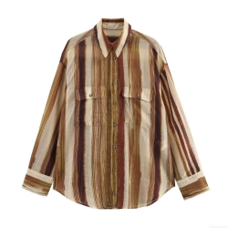 Women's Oversized Striped Blouse Long Sleeve Button Down Shirt With Lapel Collar Two Chest Pockets Casual Vintage Style Polyester Spandex Top For Daily Office