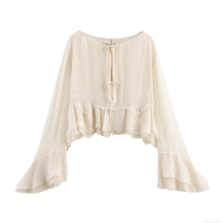 Elegant Women's Chiffon Blouse With Ruffle Flared Sleeve And Tie-Neck Fashion Solid Color Loose Short Top For Office Casual Party