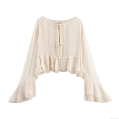 Elegant Women's Chiffon Blouse With Ruffle Flared Sleeve And Tie-Neck Fashion Solid Color Loose Short Top For Office Casual Party