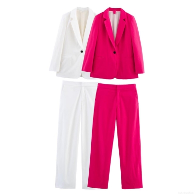 Women Elegant Notch Lapel Blazer And Straight Leg Suit Pants Professional Commuter Office Wear Single Breasted Solid Color Polyester Spandex Formal Business Separates