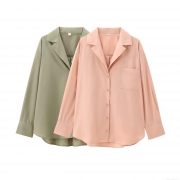 Women's Casual Loose Poplin Shirt Fashion Lapel Long Sleeve Button Down Blouse With Pocket Solid Color Tops For Daily Commute