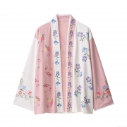 Women's Vintage Floral Embroidery Cardigan Pink White Patchwork V-Neck Long Sleeve Blouse Casual Lace Trim Open Front Shirt Summer Light Jacket Top for Women