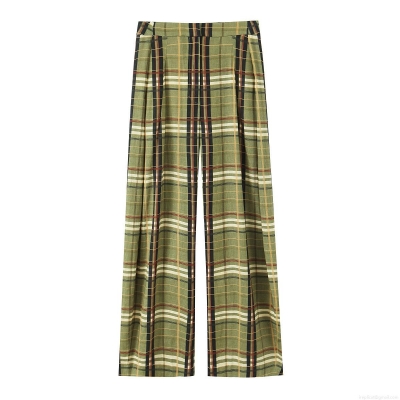 Women's Casual High Waist Plaid Wide Leg Pants Vintage Green Cotton Linen Blend Loose Straight Trousers For Summer Daily Vacation
