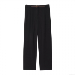 Women's High Waist Straight Leg Trousers With Belt Elegant Pleated Solid Black Office Commute Pants Polyester Spandex Full Length Casual Dress Slacks