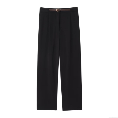 Women's High Waist Straight Leg Trousers With Belt Elegant Pleated Solid Black Office Commute Pants Polyester Spandex Full Length Casual Dress Slacks