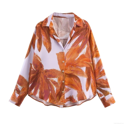 Women's Elegant Long Sleeve Blouse Satin Silk Texture Tropical Leaf Print Turn-Down Collar Button Down Casual Office Tops For Women Fall Autumn Fashion