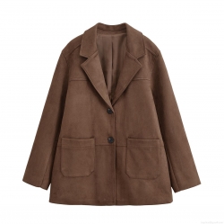 Women's Fashion Suede Blazer Casual Loose Deep Brown Long Sleeve Jacket For Commuter Office Autumn Winter Solid Color Lapel Outerwear With Double Pockets