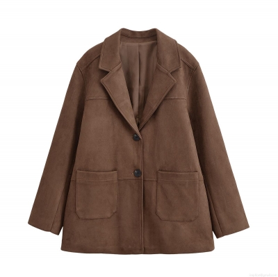 Women's Fashion Suede Blazer Casual Loose Deep Brown Long Sleeve Jacket For Commuter Office Autumn Winter Solid Color Lapel Outerwear With Double Pockets