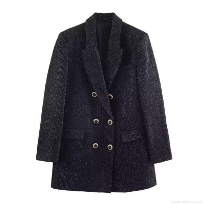 Women's Elegant Black Tweed Blazer Double Breasted Long Sleeve Formal Jacket Office Lady Suit Outerwear With Shiny Metallic Thread And Metal Buttons