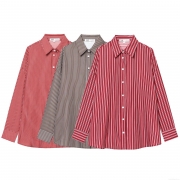 Women Fashion Stripe Poplin Shirt Beaded Lapel Long Sleeve Cotton Blend Blouse Casual Elegant Button Down Tops For Daily Commuting Office Wear