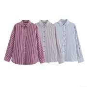 Women's Casual Striped Long Sleeve Blouse Poplin Button Down Shirt Office Commute Loose Fit Top With Pocket Single Breasted Women Clothing