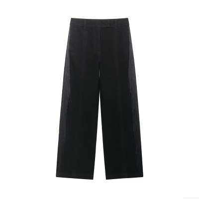 Women's High Waist Straight Pants With Side Metal Chain Fringe Tassel Fashion Casual Polyester Trousers For Party Clubwear Rock Style Black