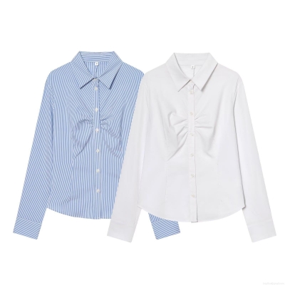 Women's Long Sleeve Ruched Button Down Shirt Fashion Striped Solid Color Lapel Blouse Casual Office Slim Fit Work Tops For Women