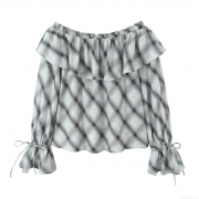 Women's Plaid Off-Shoulder Blouse Ruffle Long Sleeve Polyester Casual Top Sweet Flare Sleeve Shirt With Ties