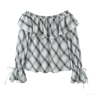 Women's Plaid Off-Shoulder Blouse Ruffle Long Sleeve Polyester Casual Top Sweet Flare Sleeve Shirt With Ties