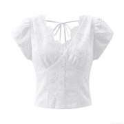 Women Fashion V-Neck Embroidery Hollow Out Blouse Short Sleeve Puff Sleeve Top Elegant Back Zipper Tie Design Sweet Style Women's Clothing