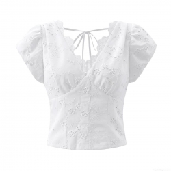 Women Fashion V-Neck Embroidery Hollow Out Blouse Short Sleeve Puff Sleeve Top Elegant Back Zipper Tie Design Sweet Style Women's Clothing