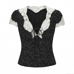 Women's Vintage Polka Dot Blouse 100% Rayon Lace Patchwork V-Neck Short Sleeve Top With Bow Tie Fashion Casual Summer Shirts For Women