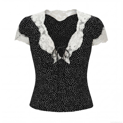 Women's Vintage Polka Dot Blouse 100% Rayon Lace Patchwork V-Neck Short Sleeve Top With Bow Tie Fashion Casual Summer Shirts For Women