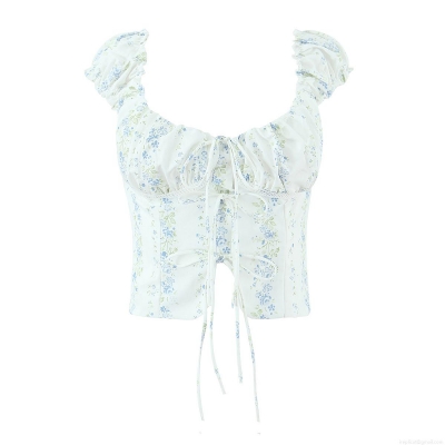 Women's French Retro Floral Crop Top Polyester Lace Up Front Puff Sleeve Blouse For Summer Vacation Dating Women Sweet Square Neck Shirt