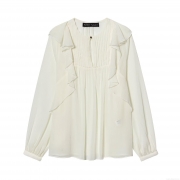 Elegant Women's Creamy White Long Sleeve Chiffon Blouse With Ruffle Detail And Pleated Design Fashion Single-Breasted Solid Color Top For Spring Autumn Women's Clothing