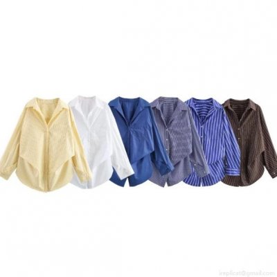 Women's Fashion Casual Loose Poplin Shirt Long Sleeve Button Down Blouse With Chest Pocket Solid Color And Striped Lapel Tops For Women