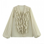 Women's Elegant Tiered Ruffle Sheer Chiffon Blouse Sexy V-Neck Lace Up Lantern Sleeve Pleated Solid Color Top for Party Dating