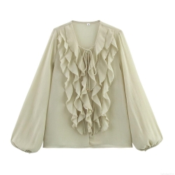 Women's Elegant Tiered Ruffle Sheer Chiffon Blouse Sexy V-Neck Lace Up Lantern Sleeve Pleated Solid Color Top for Party Dating