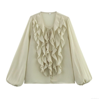 Women's Elegant Tiered Ruffle Sheer Chiffon Blouse Sexy V-Neck Lace Up Lantern Sleeve Pleated Solid Color Top for Party Dating