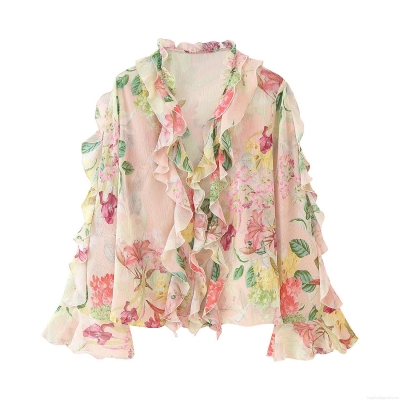 Women's Floral Print Long Sleeve Chiffon Blouse Sweet Ruffle V-Neck Flare Sleeve Layered Tops Elegant Button Down Casual Shirt for Spring Dating