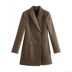 Women's Retro Houndstooth Plaid Double Breasted Blazer Jacket Mid-Length Loose Fit Polyester Casual Suit Coat Streetwear