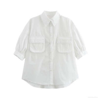 Women's White Contrast Stitching Short Sleeve Shirt With Double Flap Pockets Casual Workwear Loose Blouse Lady Sweet Woven Top