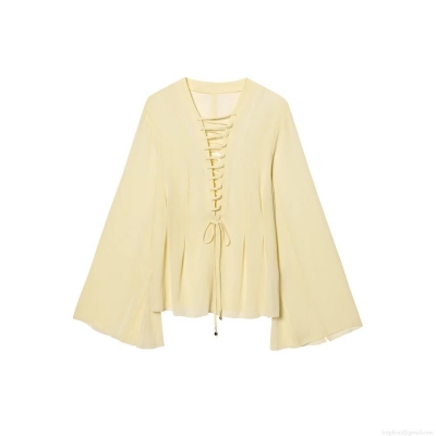 Women's Elegant Light Yellow Chiffon Blouse V-Neck Lace-Up Top Long Flare Sleeve Shirt With Metal Beads Retro Chic Celebrity Style Blouse For Daily Dating Women Clothing