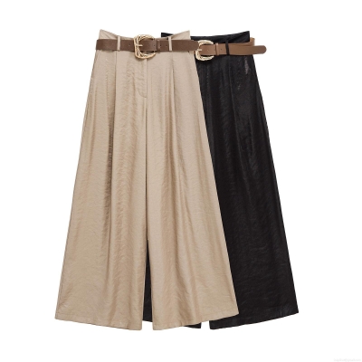 Women's High Waist Wide Leg Pants With Metal Buckle Belt Elegant Satin Texture Loose Straight Long Trousers For Casual Office Streetwear Fashion