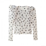 Women's Polka Dot Organza Mesh Shirt Elegant Sheer Puff Long Sleeve Button Down Blouse For Daily Party Sweet Socialite Style Top