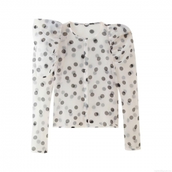 Women's Polka Dot Organza Mesh Shirt Elegant Sheer Puff Long Sleeve Button Down Blouse For Daily Party Sweet Socialite Style Top