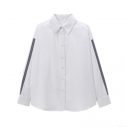 Women's Fashion Casual White Poplin Shirt With Contrast Side Stripe Long Sleeve Lapel Single Breasted Blouse For Daily Wear Lady Tops