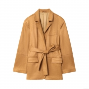Women's Elegant Faux Suede Blazer Jacket With Tie Waist Belt Camel Bronze Solid Color Long Sleeve Mid Length Lapel Collar Coat For Casual Daily Commute Office Outerwear