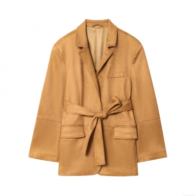 Women's Elegant Faux Suede Blazer Jacket With Tie Waist Belt Camel Bronze Solid Color Long Sleeve Mid Length Lapel Collar Coat For Casual Daily Commute Office Outerwear