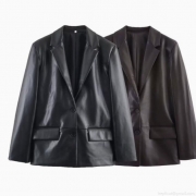 Women's Fashion Coffee Brown PU Leather Blazer Vintage Notched Lapel Long Sleeve Faux Leather Suit Jacket Casual Regular Fit Outerwear Coat for Women