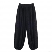 Women's Casual Black Lace Lantern Pants High Waist See-Through Mesh Balloon Trousers With Elastic Cuffed Ankles For Party Vacation Fashion Bottoms