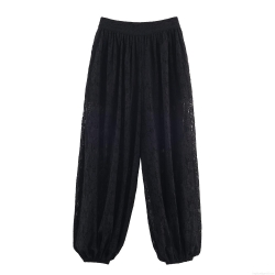 Women's Casual Black Lace Lantern Pants High Waist See-Through Mesh Balloon Trousers With Elastic Cuffed Ankles For Party Vacation Fashion Bottoms