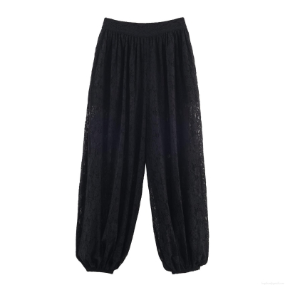 Women's Casual Black Lace Lantern Pants High Waist See-Through Mesh Balloon Trousers With Elastic Cuffed Ankles For Party Vacation Fashion Bottoms